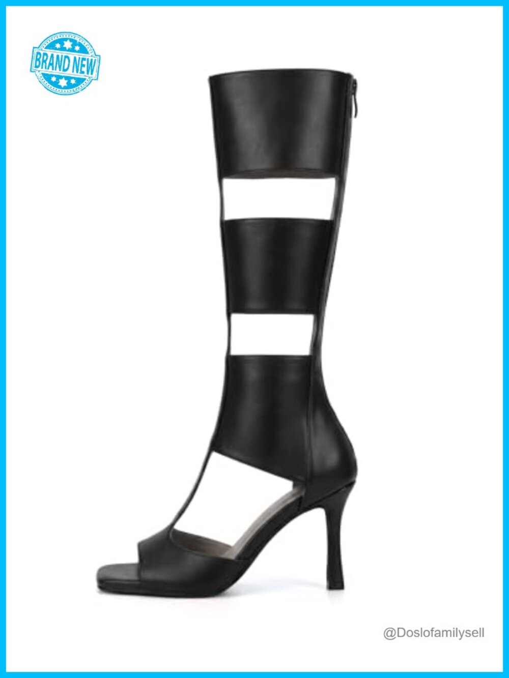 Knee High Gladiator Heeled Sandals Square Open Toe Cutout Stiletto